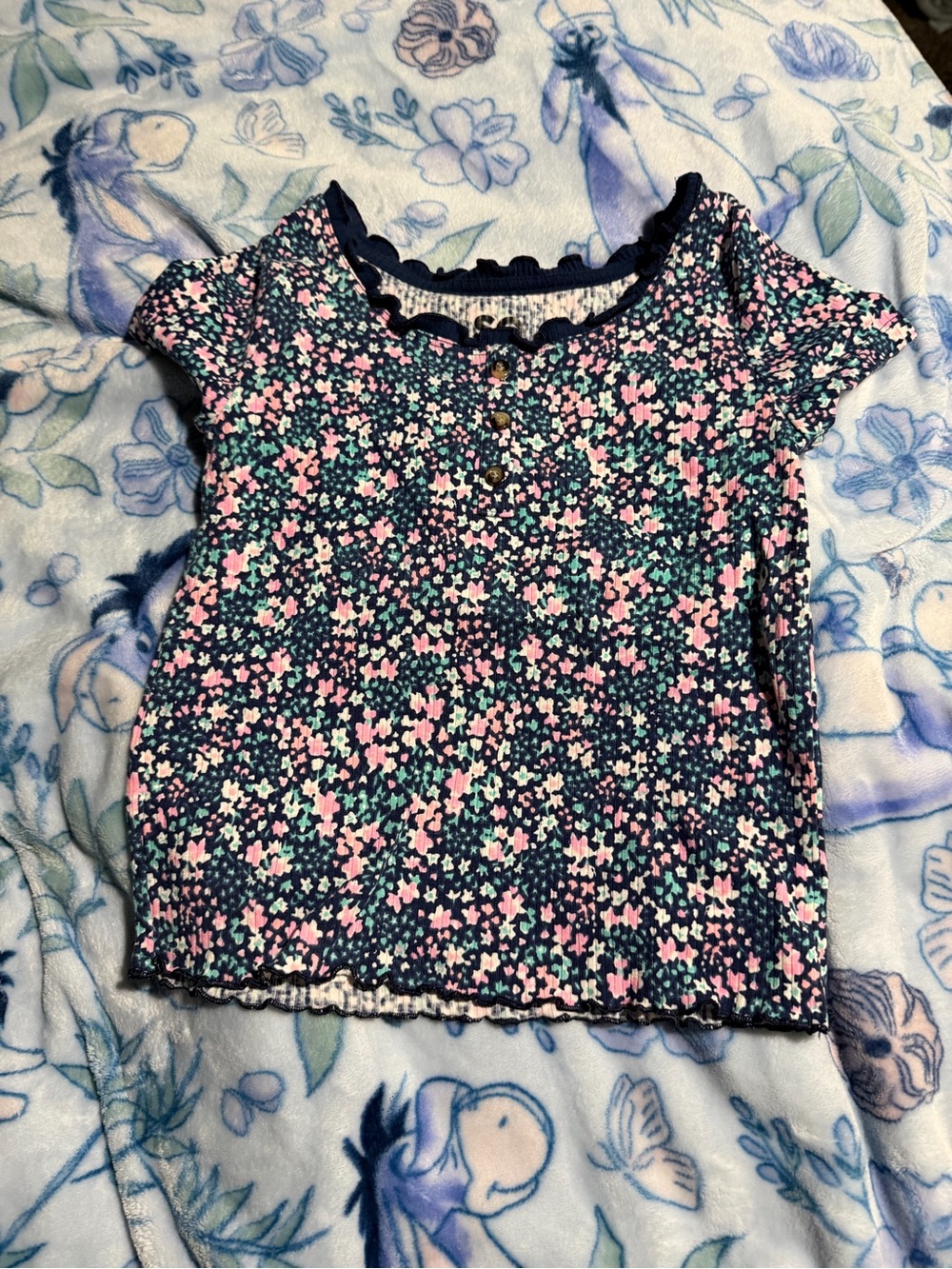 🌧️🐣SO TRUE Navy Floral Short-Sleeve Top with Pink & Teal Flowers